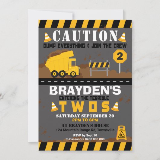 ダンプトラックパーティー招待状 2歳の誕生日 招待状 (正面)