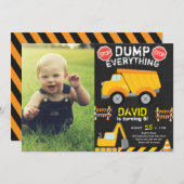 ダンプトラック建築チョーク誕生日と写真 招待状 (正面/裏面)