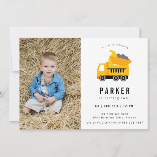 ダンプトラック建築テーマフォト誕生日 招待状 (正面)