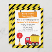 ダンプトラック建築テーマ子供の誕生日パーティー 招待状 (正面/裏面)