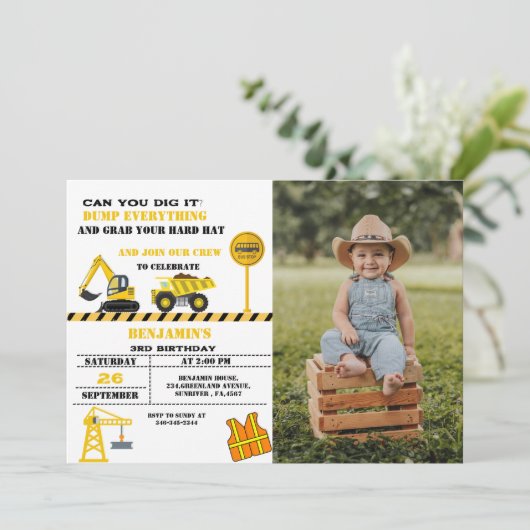 ダンプトラック建築テーマ誕生日 招待状 (スタンド正面)