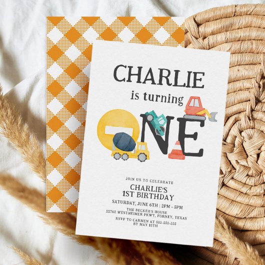 ダンプトラック建築パーティー男の子1歳の誕生日 招待状