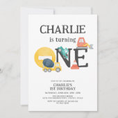 ダンプトラック建築パーティー男の子1歳の誕生日 招待状 (正面)