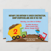 ダンプトラック建築ボーイバースデーパーティー 招待状 (正面/裏面)