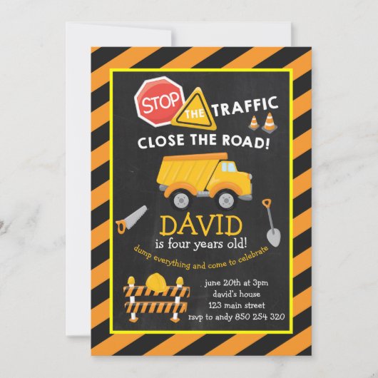 ダンプトラック建築ボーイ誕生パーティー 招待状 (正面)