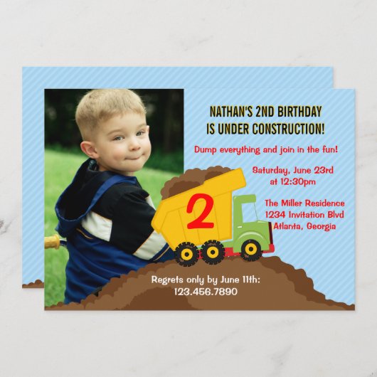 ダンプトラック建築男の子の誕生日パーティー写真 招待状 (正面/裏面)