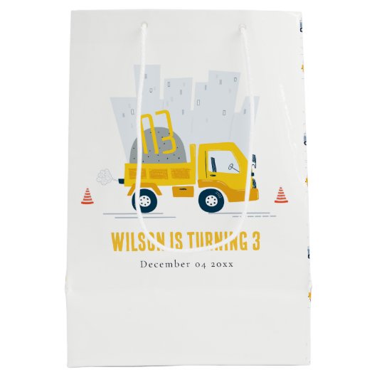 ダンプトラック建築車両子供の誕生日 ミディアムペーパーバッグ (裏面)