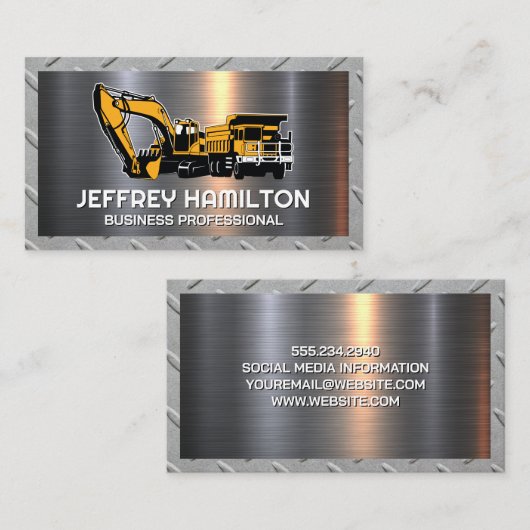 ダンプトラック掘削機 |ダイヤモンドプレート鋼板 名刺 (正面/裏面)