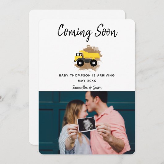 ダンプトラック水の色の泥男の赤ちゃん性別の表示 招待状 (正面/裏面)