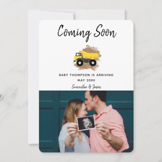 ダンプトラック水の色の泥男の赤ちゃん性別の表示 招待状 (正面)