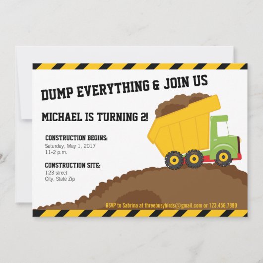 ダンプトラック&ダート建築ゾーン誕生日 招待状 (正面)