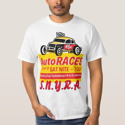 ダンベリーの公平な高速自動車道路のRacearenaの印のロゴの黄色 Tシャツ (正面)
