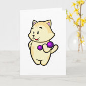 ダンベルを使った上腕二頭筋トレーニング中の猫 カード (黄色い花)