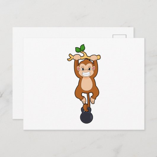 ダンベルを使った筋力トレーニングをするサル ポストカード (正面/裏面)