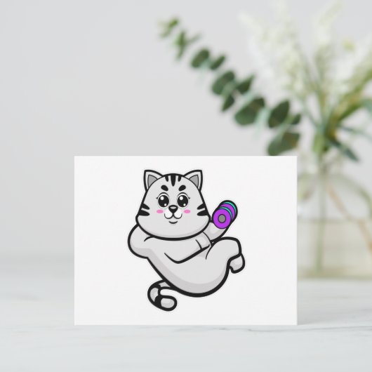 ダンベルを持つボディビルダーとしての猫 ポストカード (スタンド正面)