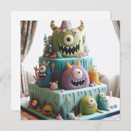 ダンボール熱狂するケーキ誕生日 招待状 (正面/裏面)