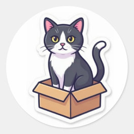 ダンボール箱の中の可愛い猫ステッカー 楽しい猫 ラウンドシール