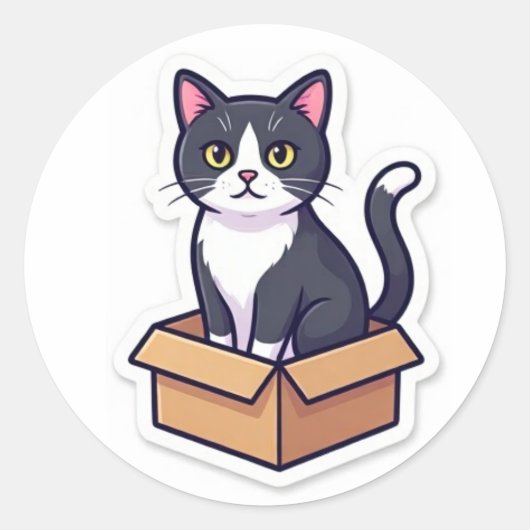 ダンボール箱の中の可愛い猫ステッカー 楽しい猫 ラウンドシール (正面)