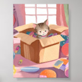 ダンボール箱の猫 | 子猫の水彩画アート ポスター (正面)