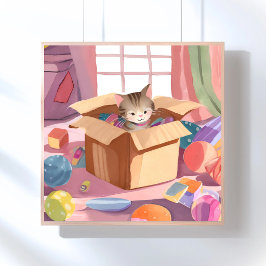 ダンボール箱の猫 | 子猫の水彩画ネコ ポスター