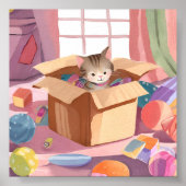 ダンボール箱の猫 | 子猫の水彩画ネコ ポスター (正面)