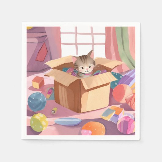 ダンボール箱の猫 | 子猫の水彩画猫 スタンダードカクテルナプキン (正面)