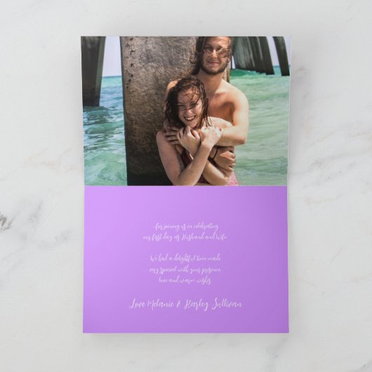 ダヴとパープルの写真 ウェディング サンクス カード (内部)