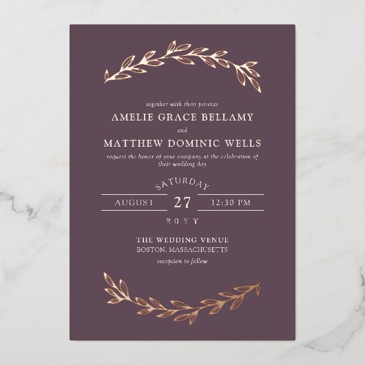 ダーエレガントクモーブ&バラ金ゴールドグリ結婚ーナリー 箔招待状 (正面)