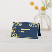 ダークかわいらしブルーのゴールドフォイルバラ結婚 プレイスカード (正面)