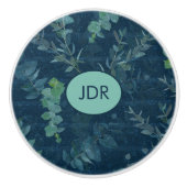 ダークかわいらしブルー&ティール（緑がかった色）グリーン葉フローラ セラミックノブ (正面)