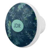 ダークかわいらしブルー&ティール（緑がかった色）グリーン葉フローラ セラミックノブ (右)