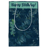 ダークかわいらしブルー&ティール（緑がかった色）グリーン葉誕生日 ミディアムペーパーバッグ (正面)