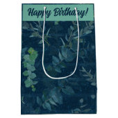ダークかわいらしブルー&ティール（緑がかった色）グリーン葉誕生日 ミディアムペーパーバッグ (裏面)