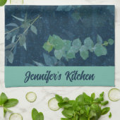 ダークかわいらしブルー&ティール(緑がかった色)グリ葉ーンズ キッチンタオル (折り畳み)