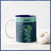 ダークかわいらしブルー&ティール(緑がかった色)グリ葉ーンズ ツートーンマグカップ