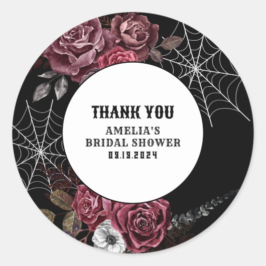 ダークでムーディなゴシックフラワーブラック ブライダルシャワー ラウンドシール (正面)