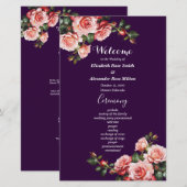 ダークでムーディなピンクのバラと紫の結婚式プログラム (正面/裏面)