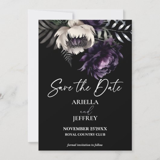 ダークでムーディなボヘミアンスタイルのエレガントなウェディング セーブザデート (正面)