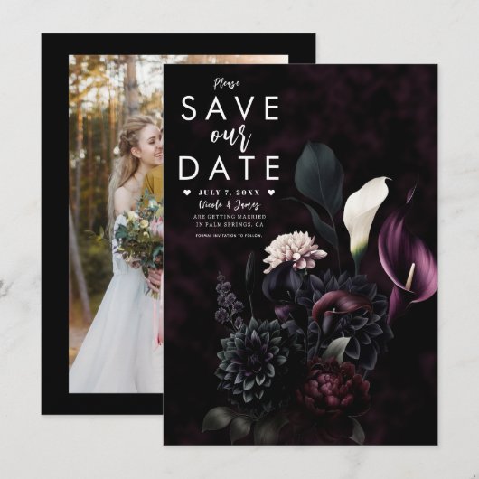 ダークでムーディなロマンティックフラワーの結婚式 結婚式の延期・日程変更のお知らせカード 招待状 (正面/裏面)