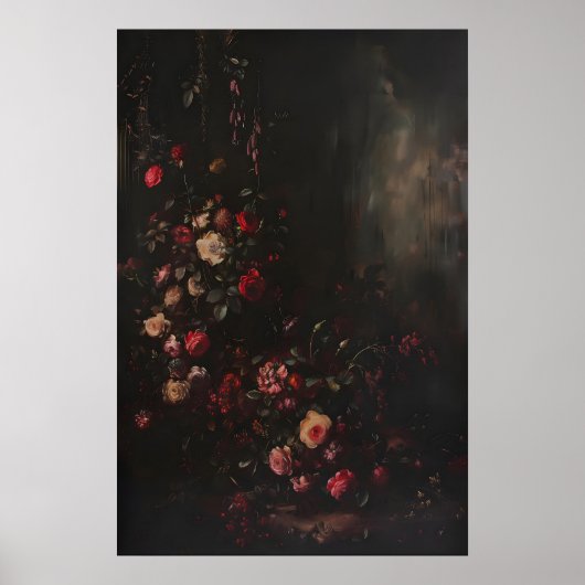 ダークでムーディな植物画のバラの花のアート、ダーク ポスター (正面)
