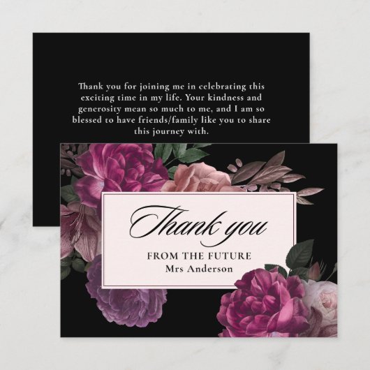 ダークでムーディな水彩花のブラック ブライダルシャワー サンキューカード (正面/裏面)