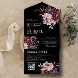 ダークでムーディな花柄 ブラックQRコード ウェディング オールインワン招待状