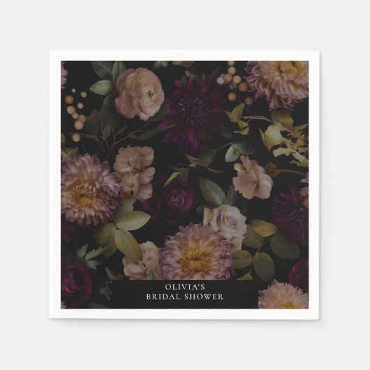 ダークでムーディーなドラマチック フラワー ブライダル シャワー スタンダードカクテルナプキン (正面)