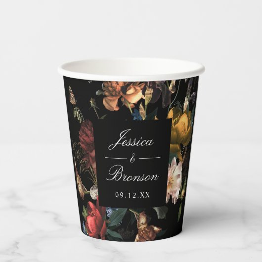 ダークでムーディーなロマンティックフラワーのオランダ風ウェディングシャワー 紙コップ (裏面)