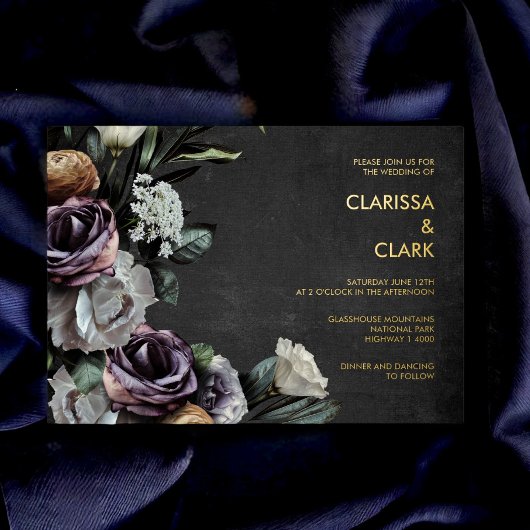ダークでムーディーな大胆なフラワーブラック+パープルのウェディング 箔招待状