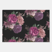 ダークでムーディーな水彩花柄ブラックのウェディングシャワーギフト包装紙 ラッピングペーパーシート (正面2)