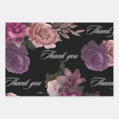 ダークでムーディーな水彩花柄ブラックのウェディングシャワーギフト包装紙 ラッピングペーパーシート (正面)