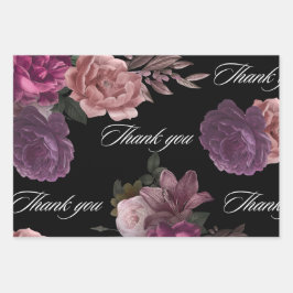 ダークでムーディーな水彩花柄ブラックのウェディングシャワーギフト包装紙 ラッピングペーパーシート