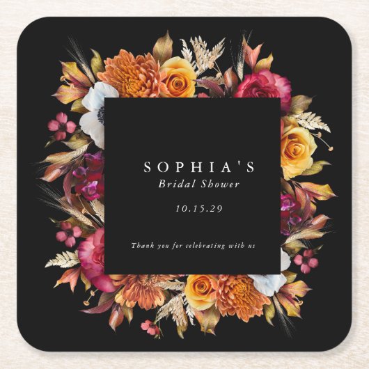 ダークでムーディーな秋の花をフィーチャーしたロマンティックなブライダルシャワー スクエアペーパーコースター (正面)