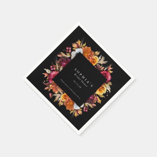 ダークでムーディーな秋の花をモチーフにしたロマンチックなブライダルシャワー スタンダードカクテルナプキン (角)